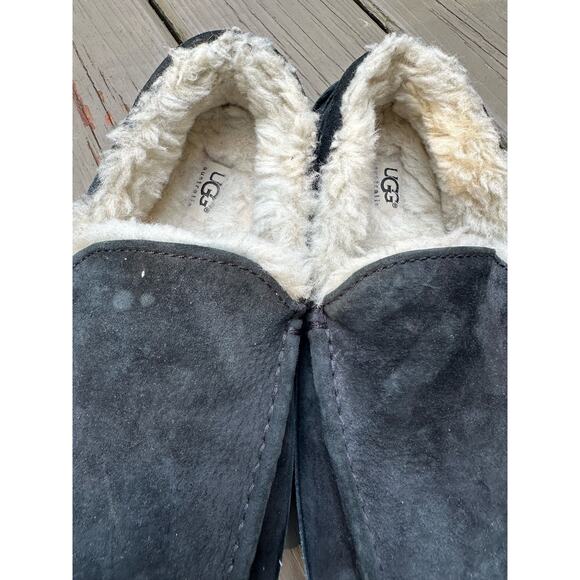 Ugg black slippers ASCOT suede leather sz 8 us men shoes moccasins shearling fur - Picture 3 of 13